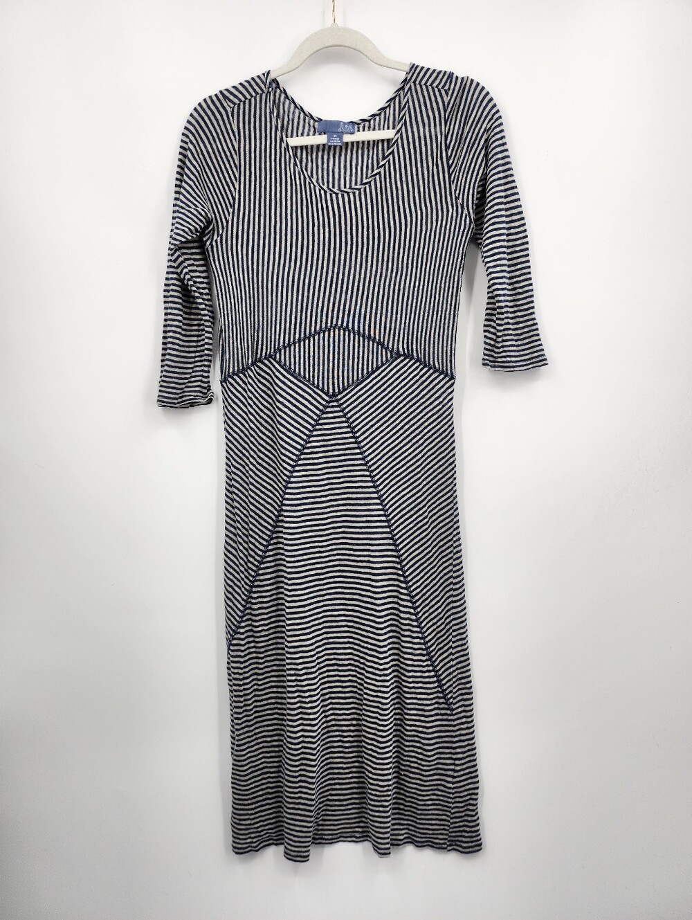 Anthropologie Lil Fleur Linen blue Cream Stripe  Stretchy dress SZ M